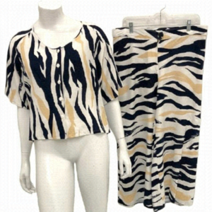 Linen Navy‎ Beige Tiger Stripe Summer Wide Leg Baggy Crop Top Coordinated Set